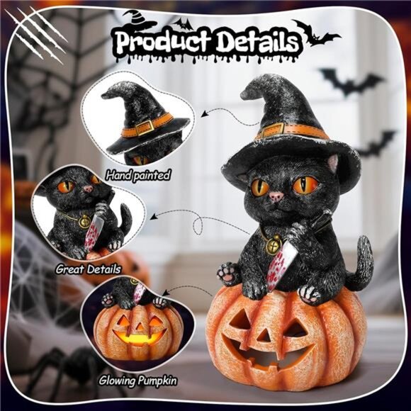 Halloween Decorations Indoor Halloween Decor Resin 7.3” Tall Black Cat on - Picture 3 of 8